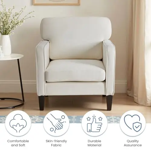 

Cream White Modern Armchair With Padded Seat And Backrest, Soft Upholstered Lounge Chair For Living Room, Bedroom Or Reception