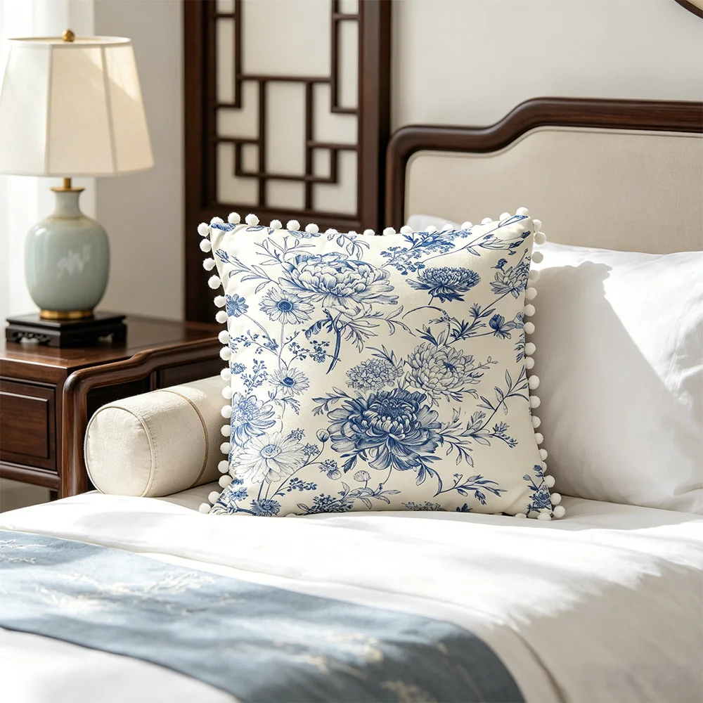 1PC Jingdezhen Porcelain Print Pillow Cover Pom Pom Tassel Blue White Decorative Throw Pillow Sofa Couch Bedroom Home Decor