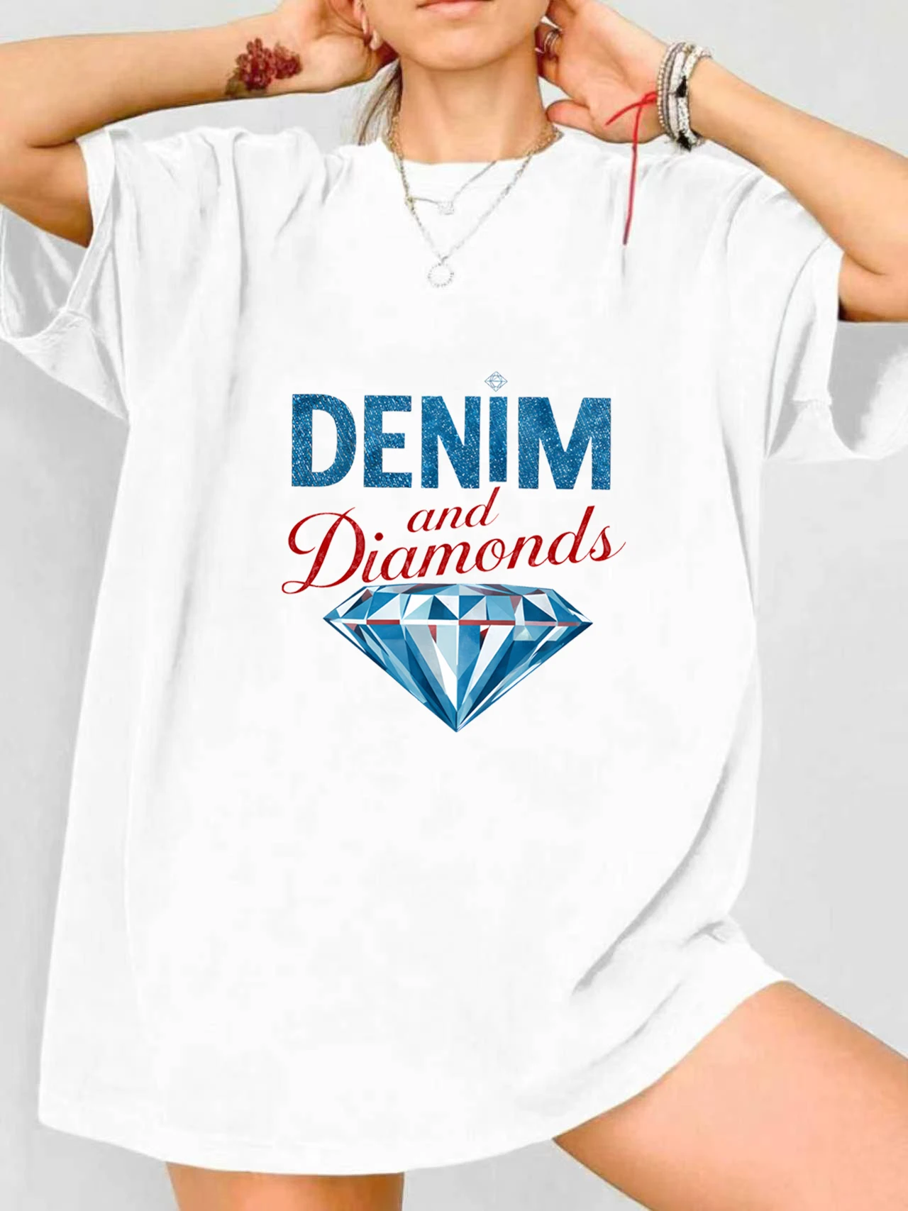 

【JYDX112333】Женская футболка больших размеров с круглым вырезом и принтом в виде бриллиантов, летняя повседневная футболка с короткими рукавами, универсальная футболка в уличном стиле