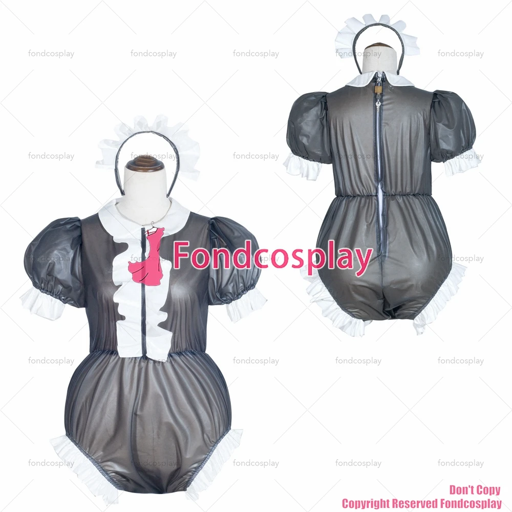 fondcosplay cross dressing sissy maid black Clear Pvc Romper Lockable jumpsuits panties Peter Pan collar CD/TV[G4058]