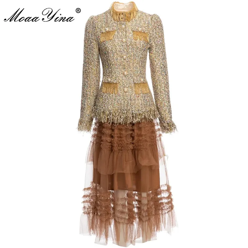 MoaaYina Designer Autumn Winter Skirts Suit Women Vintage Luxury Beading Long Sleeve Tassel Tweed Coat + Mesh Skirt 2 Pieces Set