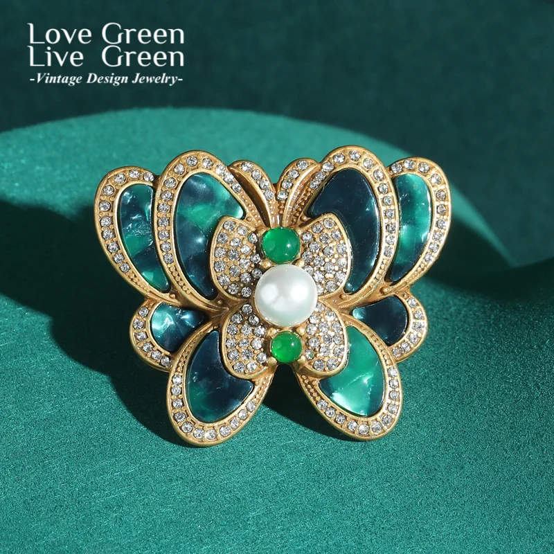 

Vintage Butterfly Ring Gold Plated Green Natural Stone Pearl Elegant Woman Rhinestone Jewelry Trends 2025 High Quality Wedding