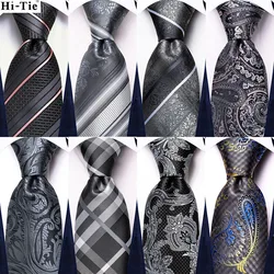Hi-Tie 2023 New Men Tie Grey White Striped Hanky Cufflink Set Silk Necktie For Men Wedding Party Business Men Tie Fashion Brand
