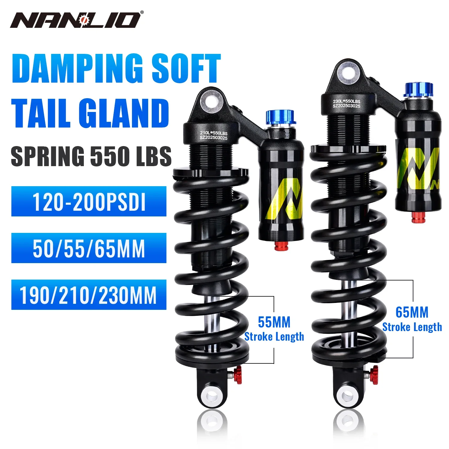 Nanlio Rear Coil Shock 190/210/230 mm – Dual Damping MTB-Federung für Downhill- und Trail-Bikes, verstellbarer Rückprall und Kompression