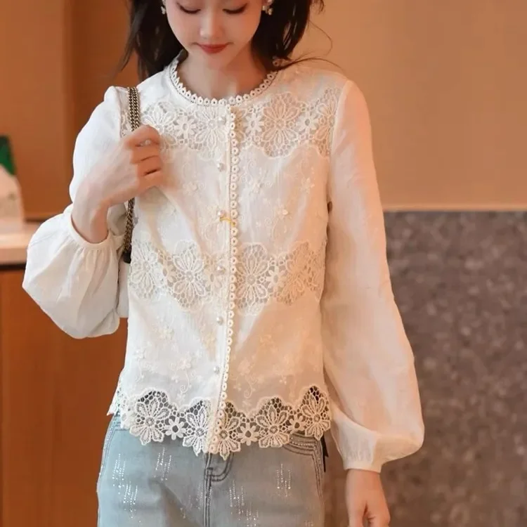 Women Elegant Floral Hollow Lace Spliced Blouse Lantern Long Sleeve Pearl Button Shirt