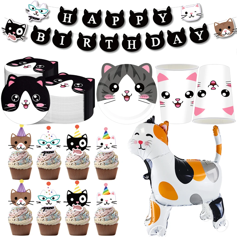 Gato decorações de aniversário feliz aniversário banner talheres pratos copos nakpins bolo topper gato balão para criança amante do gato suprimentos