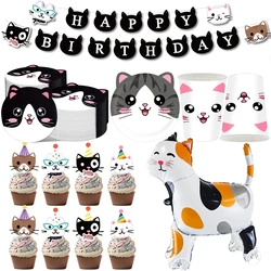 Cat Birthday Decorations Happy Birthday Banner Tableware Plates Cups Nakpins Cake Topper Cat Balloon for Kid Cat Lover Supplies