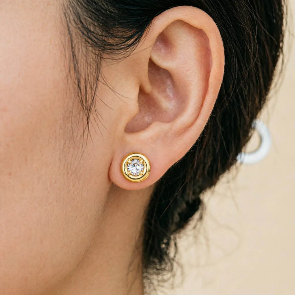 Szjinao 14K Gold Filled 5mm 0.5ct Round Moissanite Bezel Set Stud Earrings Minimalist Solitaire Ear for Women Trendy Jewelry