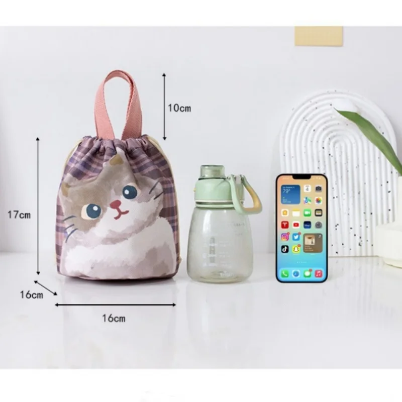 Cat Pattern Cooler Lunch Box Portable Insulated Canvas Lunch Bag Thermal Food Picnic Drawstring Lunch Bags For Women Kid