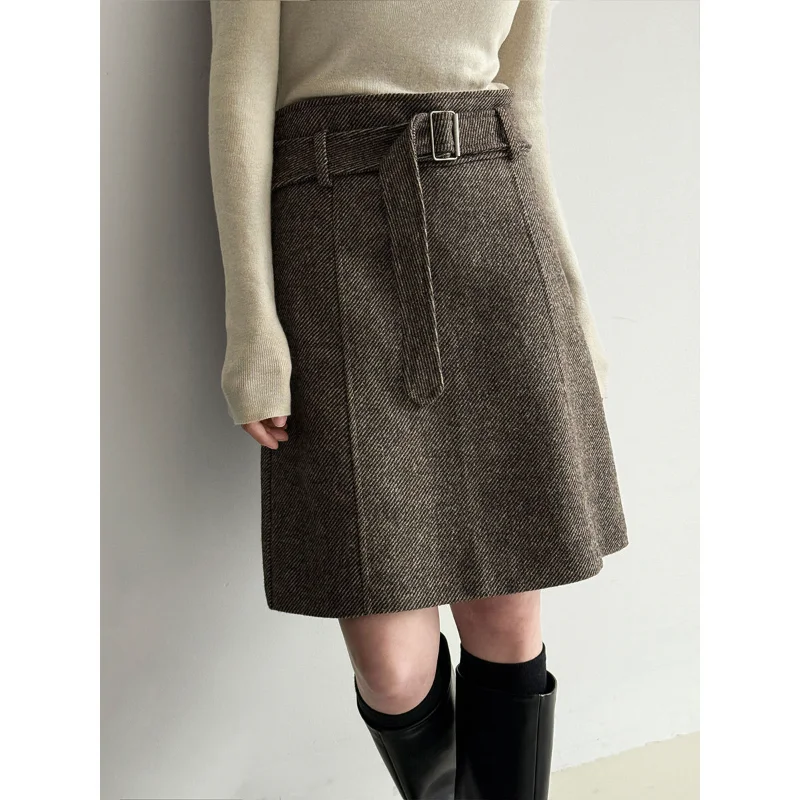 Damska spódnica retro z wysokim stanem, prosta, wełniana, z paskiem, w stylu francuskim, w jodełkę, podstawowa, luźna, elegancka, na jesień i zimę.