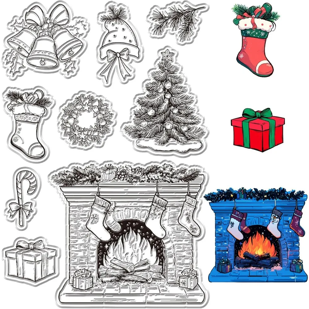 1pc Christmas Wreaths Clear Rubber Stamps Fireplace Bell Presens Candy Canes Christmas Tree Sock Reusable Transparent Silicone