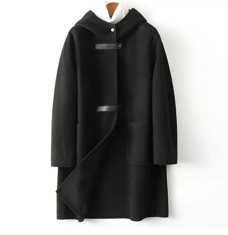 Neue Modische Doppelseitige POLYESTER-Jacke mit Kapuze für Damen Herbst Winter Doppelseitige Woll-Windjacke Eleganter Schlanker Wollmantel – Detail 13