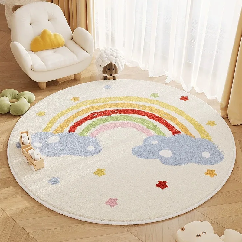 

Simple Circular Living Room Carpet Faux Cashmere Floor Mat for Bedroom Bedside Non Slip Washable Easy-Cleaning Balcony Decor
