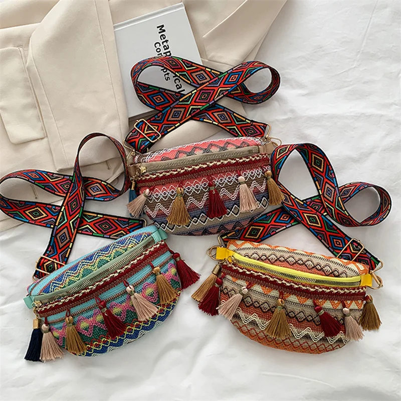 Waist Bags for Women Leisure Canvas Geometric Fanny Pack for Girls Crossbody Embroidered Chest Bag Belt Tassel Waist Packs