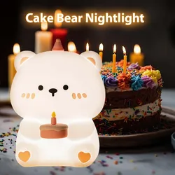 Led Night Table Lamp Mood Light Cake Bear Cute Gift for Kid Bedroom Bedside Desk Birthday Christmas Room Decoration Rechargeable