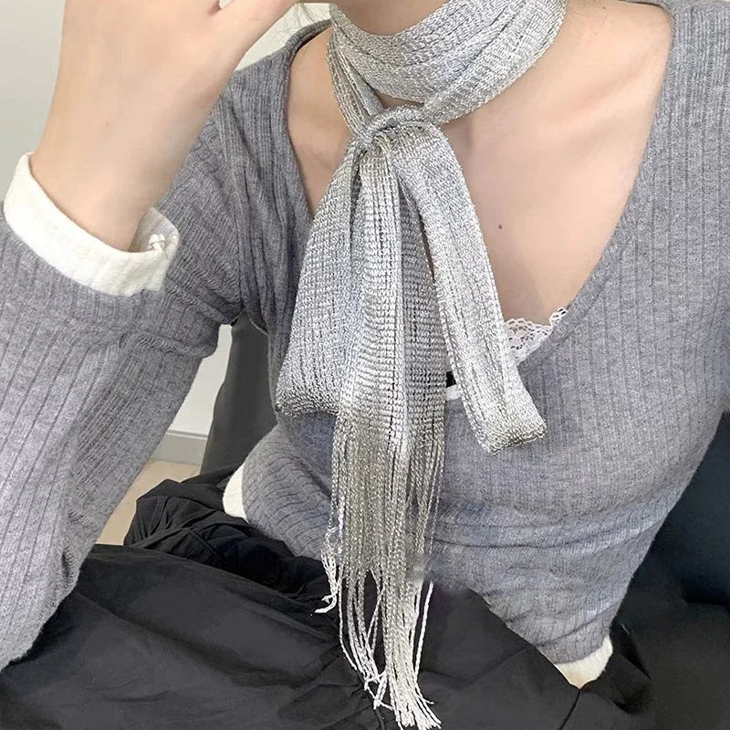 Korean Silver Silk Scarf Spring and Summer Y2k Silk Scarves Ribbon Ins Women Long Petite Muffler Scarf  Women Accessories