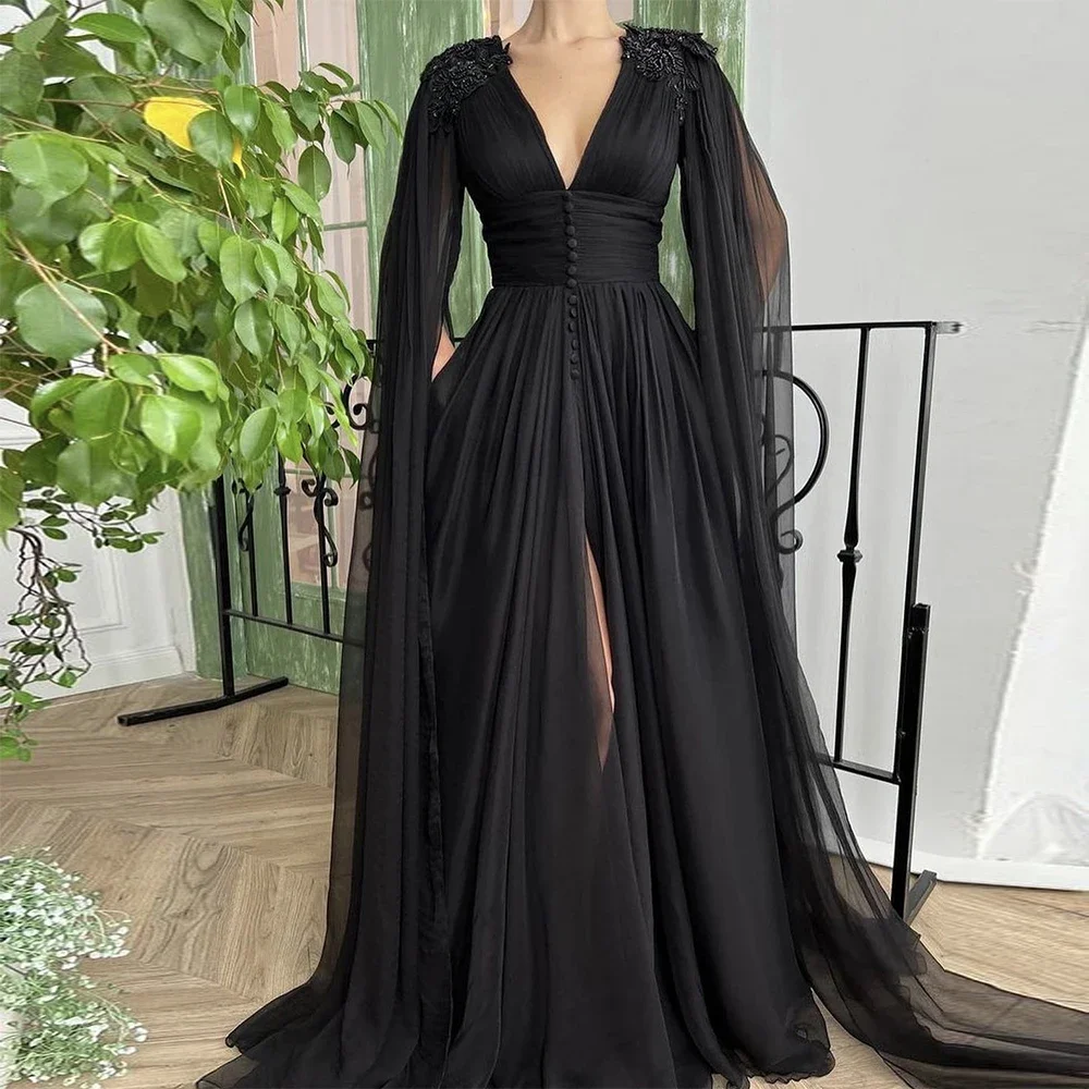 

Black Beaded Chiffon Floor length Evening Party Dress V Neck Applique High Waist Prom Gown Elegant Pleat Ruching A-line