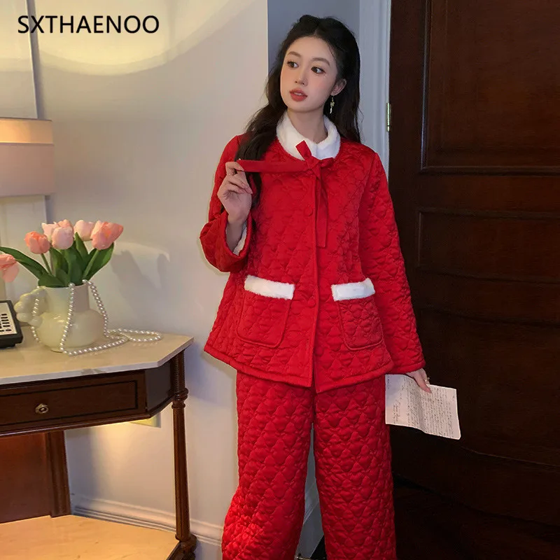 SXTHAENOO 2024 Winter Warm Pajamas Set For Women Red Cardigan slim Sleepwear Cotton Thickening Nightwear Button Pyjama Homewear