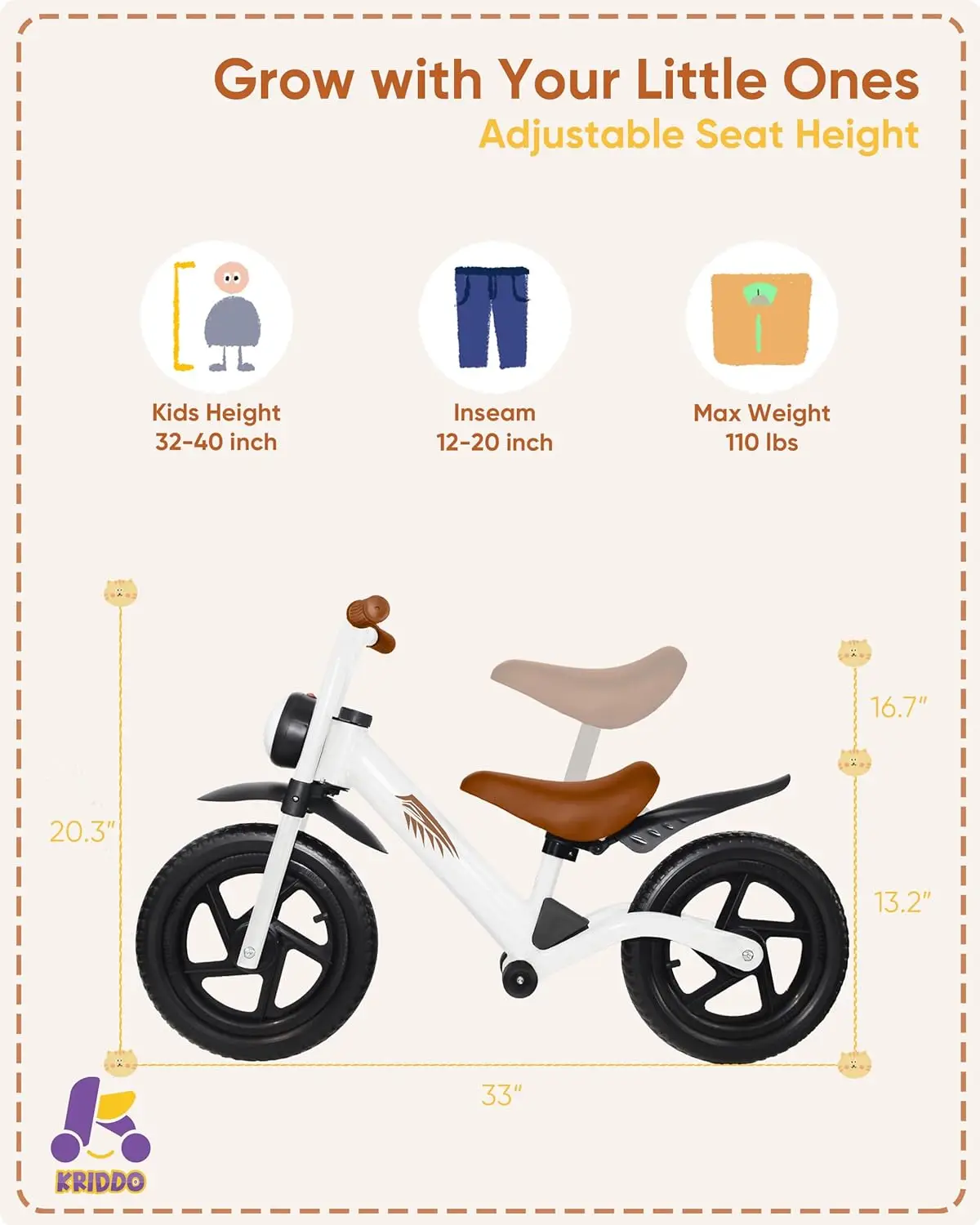 Rowerek biegowy dla dzieci w wieku 2-5 lat, z przednim światłem, ulepszone opony do każdego terenu, ulepszone łożyska zapewniające płynną i stabilną jazdę