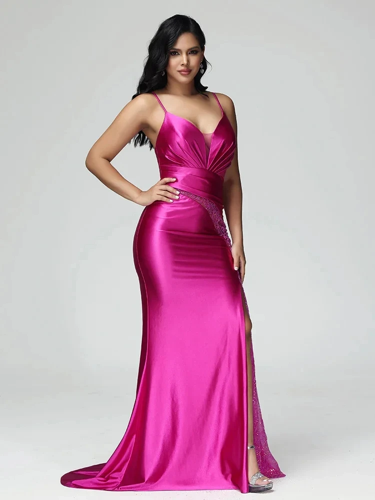 Mermaid Prom Dress New Product V Neckline Spaghetti Straps Spandex Satin High Slit Lace Up Back Sweep Train Party Gown for Women