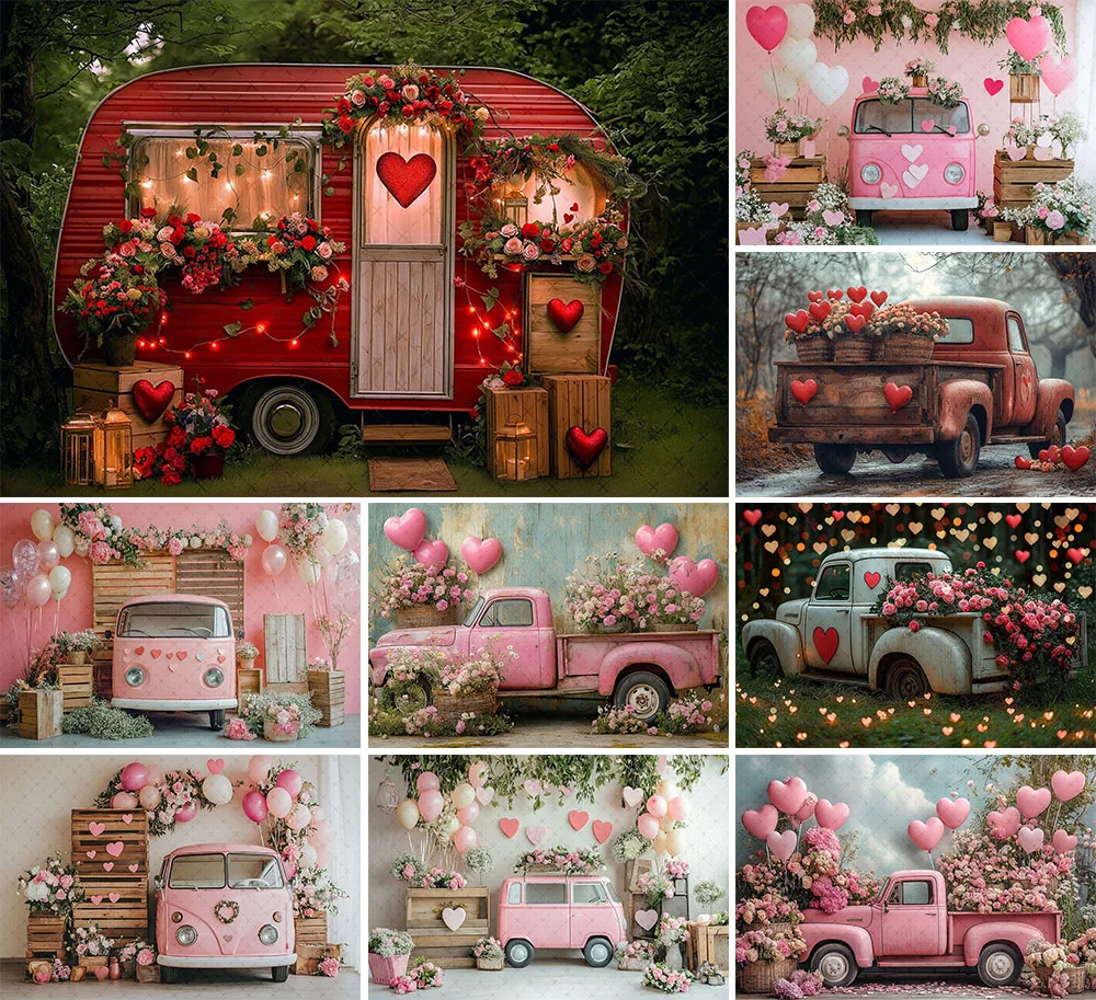 

Mehofond Photography Background Valentine's Day Truck Floral Heart Kids Birthday Cake Smash Portrait Decor Backdrop Photo Studio