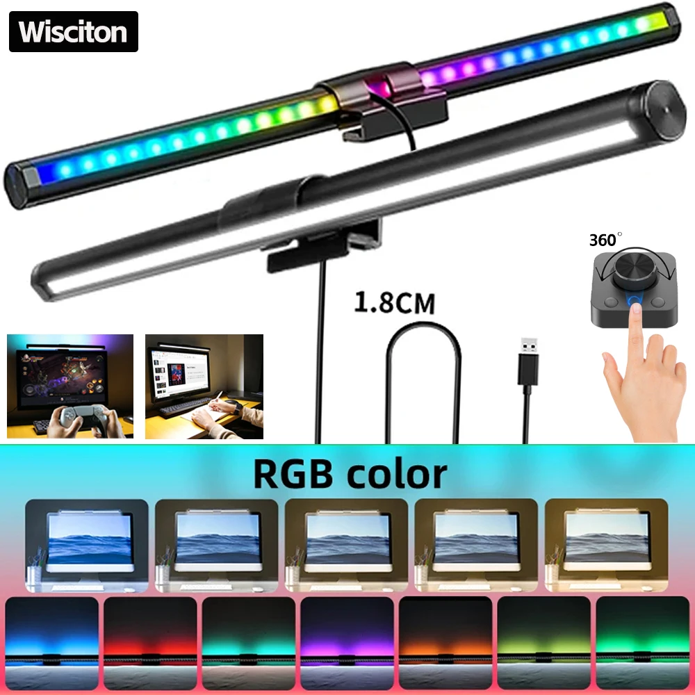 

Wiscolor RGB LED PC Monitor Light Bar Computer Monitor Screen Hanging Light Stepless Dimming Eye-Care USB Atmosphere Table Lamp