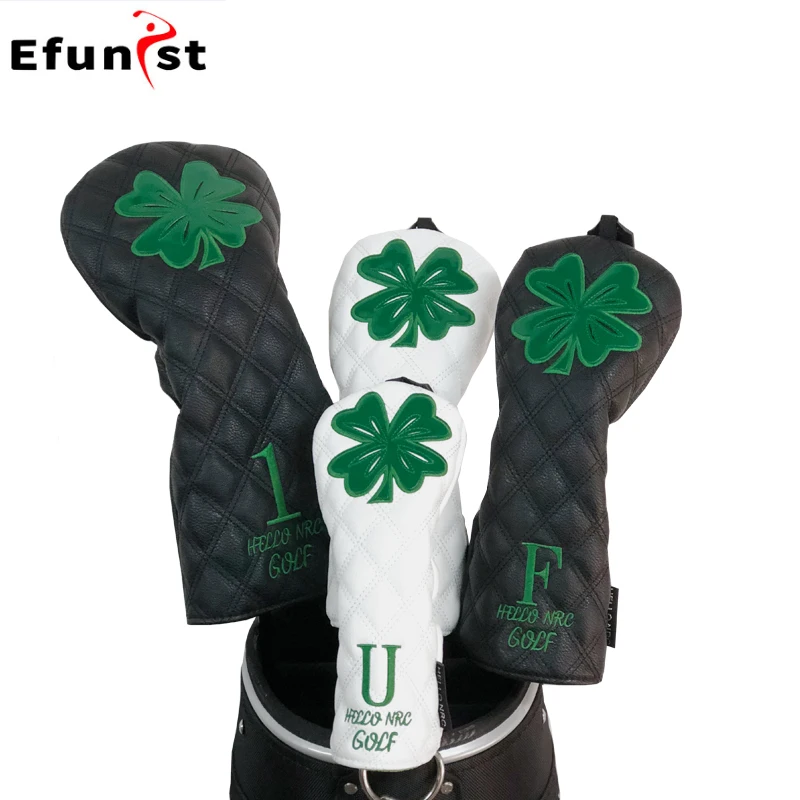 Golf Wood Cover Rhombus Four Leaf Clover Pattern PU Leather Waterproof Protector For Driver Fairway Hybrid Golf Club Head Covers