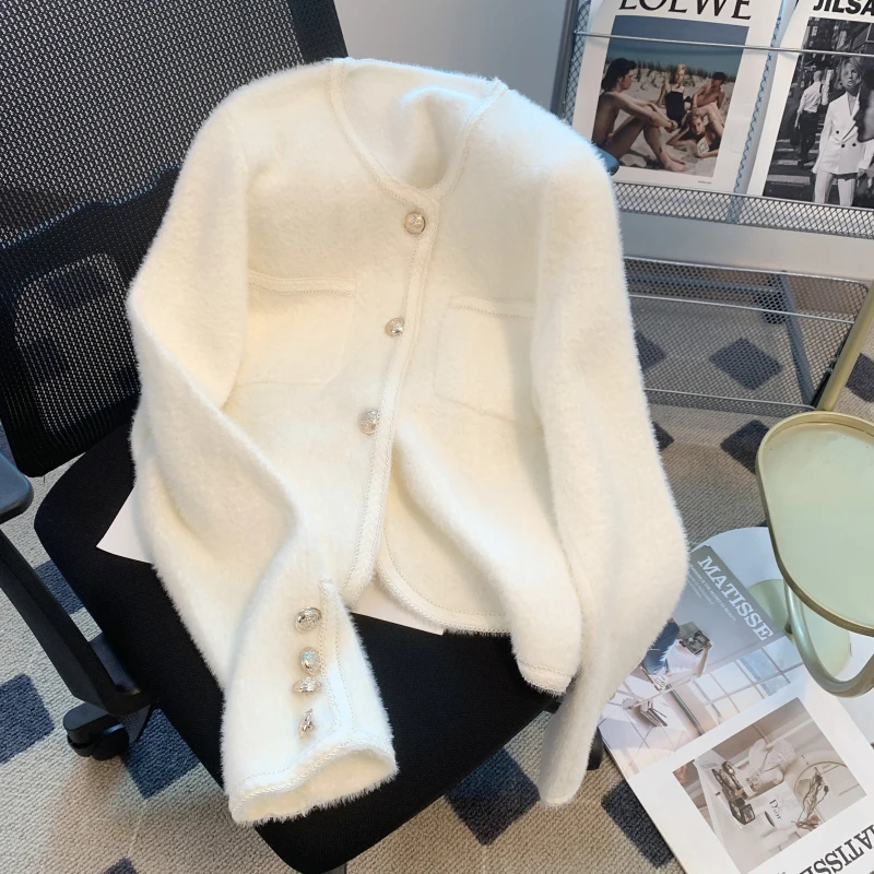 

Elegant White Knitted Cardigan Women Faux Mink Cashmere Black Sweater Outerwears Winter Korean Knitwears Fashion Loose Jumpers