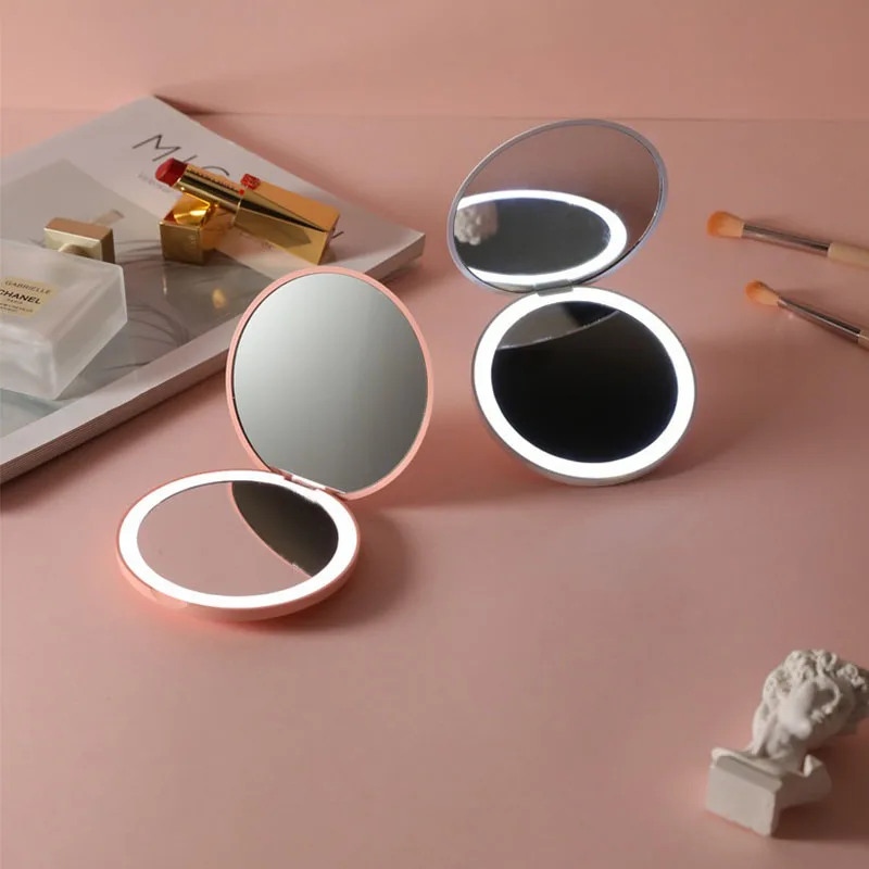 New Personalized Small LED Light Cosmetic 2 Side Folding Makeup Lash Portable Mirror Mini Pocket Mirror HUAZJ15