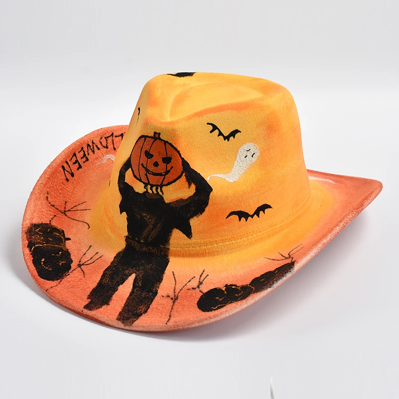 New Halloween Hand Painted For Women Men Fedora Hat Curved Brim Cosplay Party Dress Jazz Hats