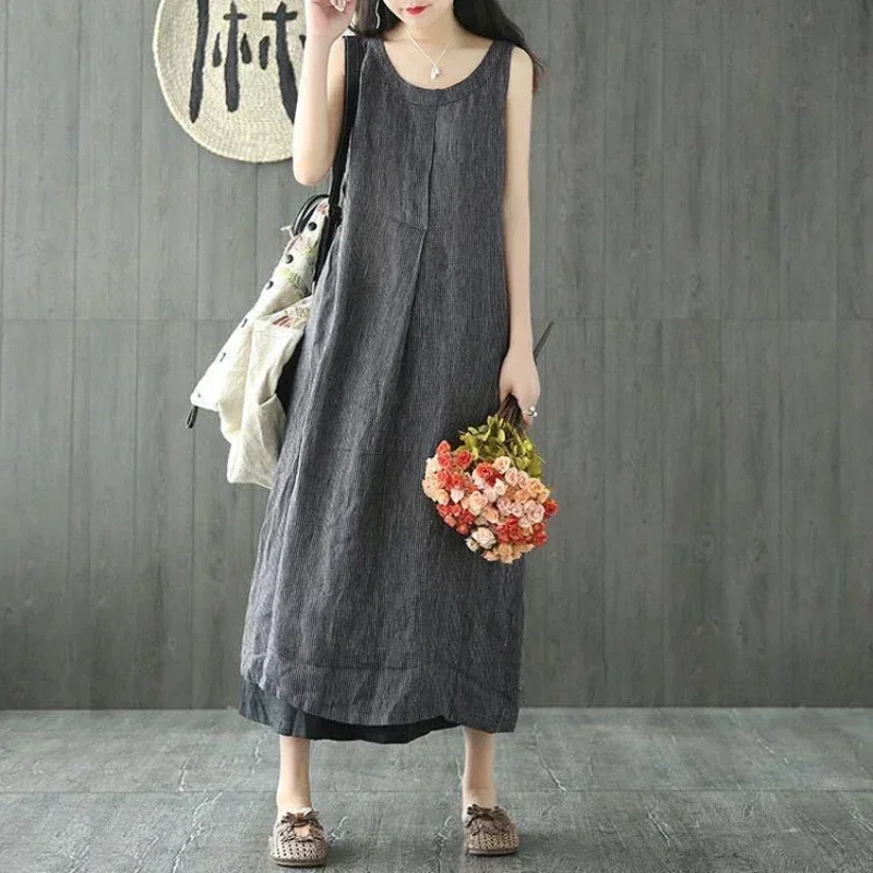 2024 Summer Women Clothing Sleeveless O-neck Loose Long Dresses for Women