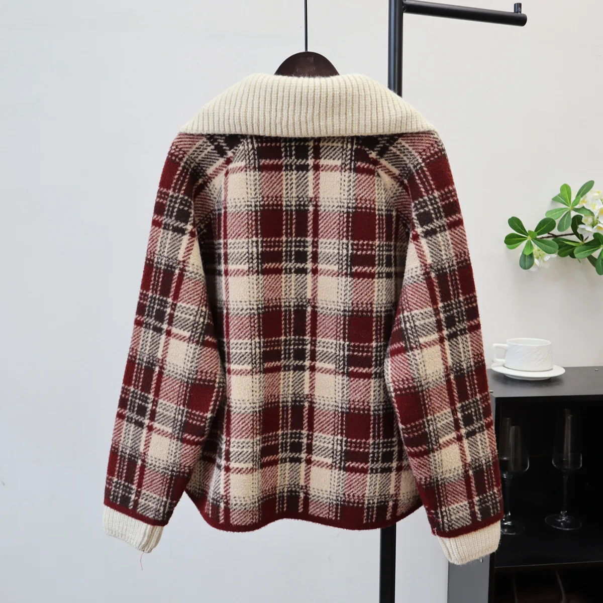 Cardigan Women Coats Sweaters Plaid Turn Down Collar Wool Coat Y2k Streetwear Elegant Splice Knit Open Stith Autumn Winter