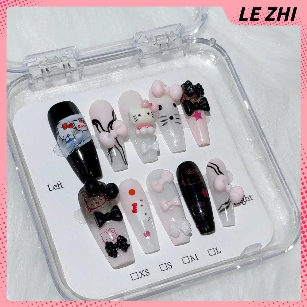 خنجر الشرير مرحبا كيتي الأظافر كاذبة لطيف القط مخلب سلسلة معدنية تصميم Y2K فتاة حار حجر الراين مغطاة بالكامل اضغط على الأظافر