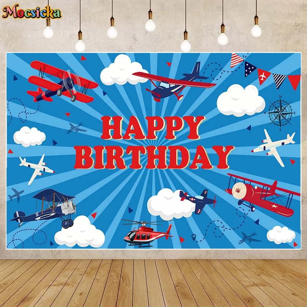 

Mocsicka Airplane Kids Birthday Background Helicopter Biplane White Clouds Boys Birthday Party Decor Photo Backdrop Customizable