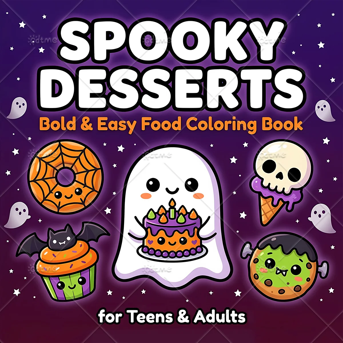 Spooky Desserts Adult Coloring Book, Large Print Cute Spooky Halloween Illustrations, Stress‑Relief Art Therapy Drawing Book