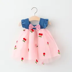 Summer Girl Dress Denim Fly Sleeved Bow Cute Cherry Colored Mesh Princess Dress Suitable for Babies Aged 0-3