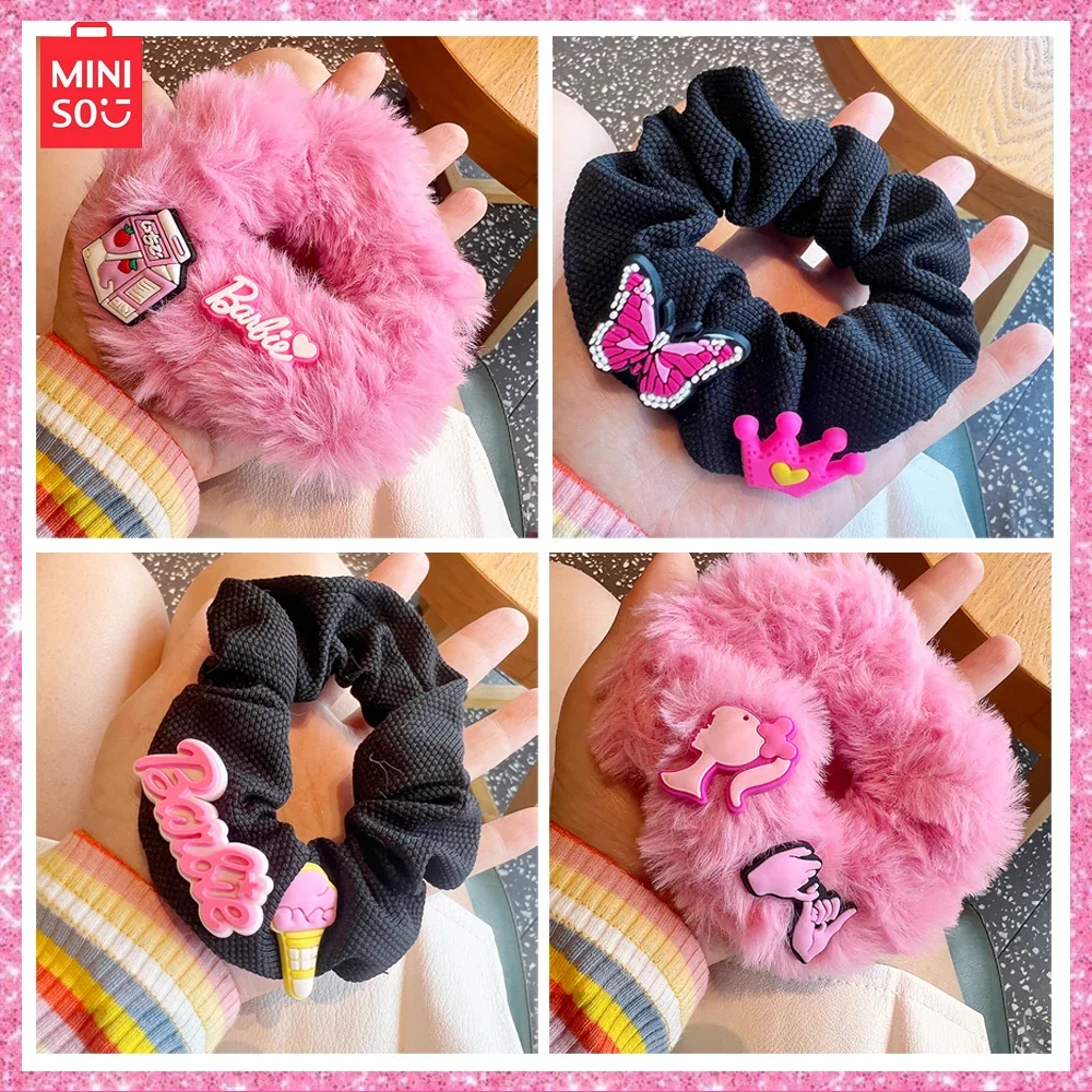 2024 Miniso 4-Pcs Barbie Y2K Spicy Girl Cute Crown Plush Large Intestine Hairpin Girl Rose Pink Hair Rope Hairpiece Gift