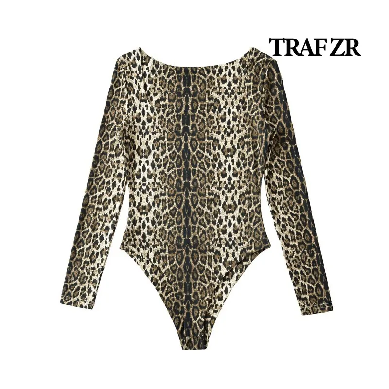 TRAF ZR Bodysuits Sexy Tight Fit Jumpsuit Woman Leopard Print Bodysuit Trend Women's Basic Bodysuit Long Sleeve Jumpsuits