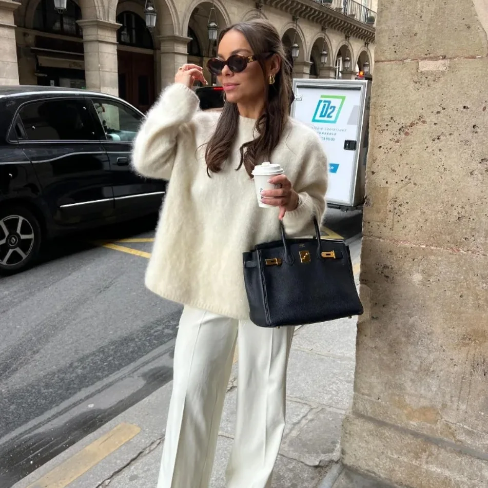 Retro O-neck Women's Sweater Casual Long Sleeve Loose Knitted Pullover Winter New Women High Street Jumper Top Pullover Fashion