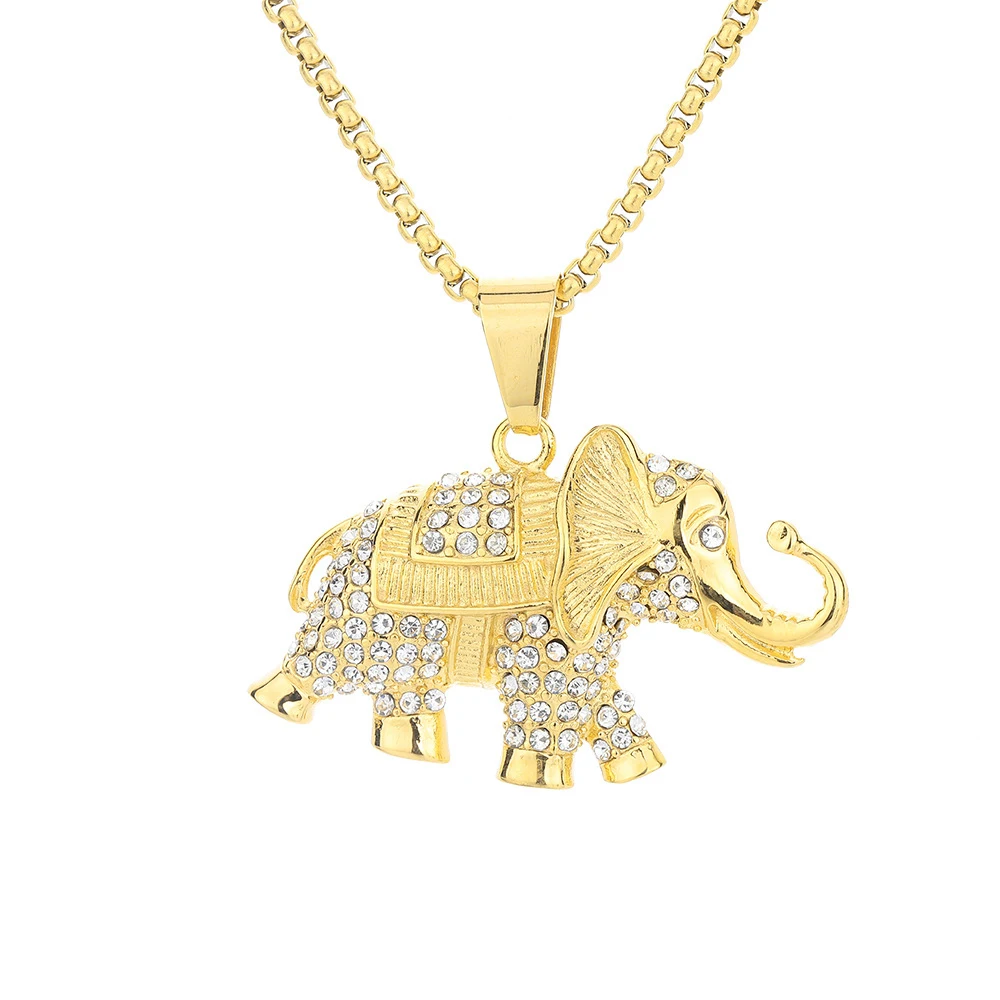 

New Punk Fashion Iced Out Bling CZ Elephant Pendant Gold Color Stainless Steel Animal Necklace for Women Men Lucky Jewelry Gift