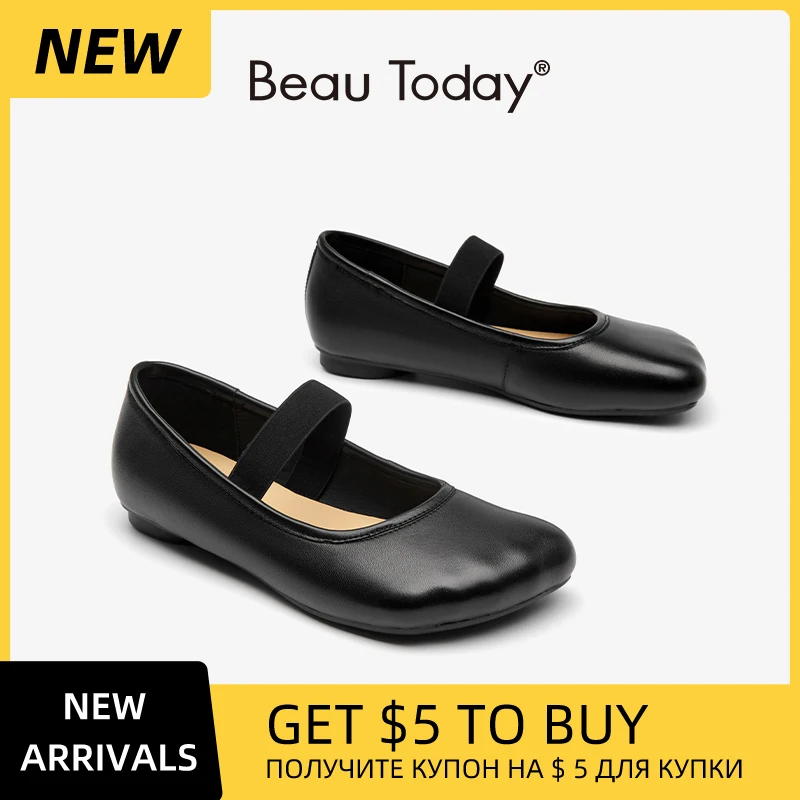 BEAUTODAY Mary Janes Women Sheepskin Leather Square Toe Solid Color Shallow Slip-on Casual Ladies Flat Shoes Handmade 28355