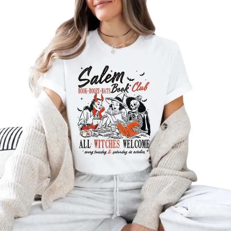 

Salem Book Booze Bats Book Club T-Shirt All Witches Welcome Graphic Tee Unisex Halloween Party Gift