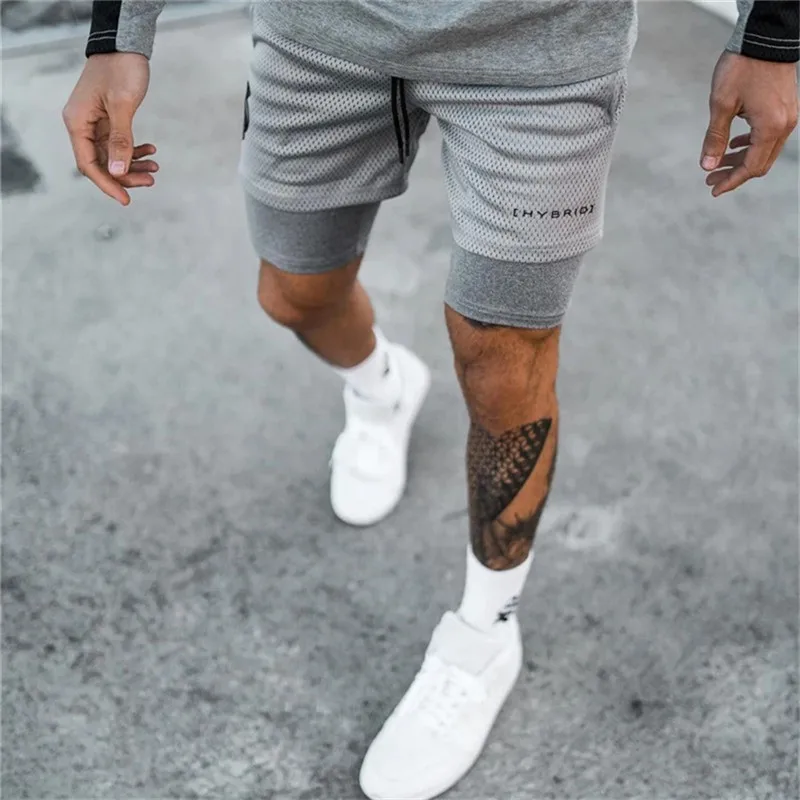 Men's Double Layer Jogger Shorts 2 in 1 Short Pants Gyms Fitness Built-in Pocket Bermuda Quick Dry Beach Shorts Male Sweatpants