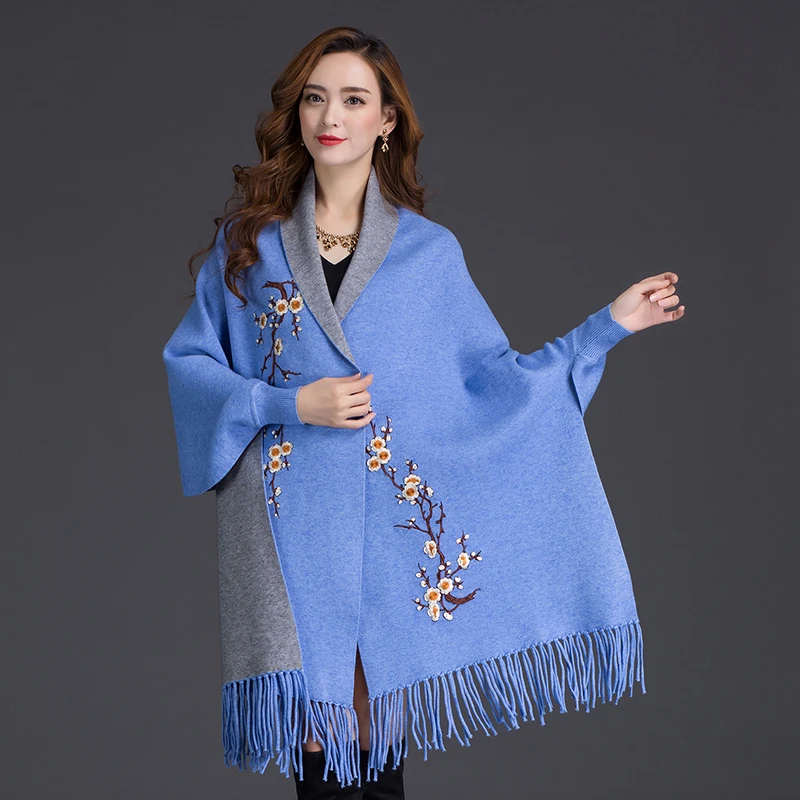 Autumn Winter Can Wear Shawl Scarf Dual-use Embroidery With Sleeves Wool Cashmere Thick Tassel Cloak Female