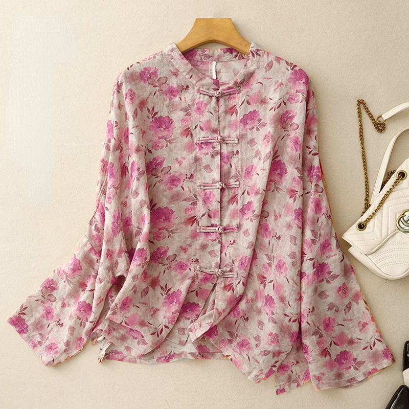 Cotton Linen Vintage Women\'s Shirt Summer Printed Clothing Sales Loose Long Sleeve Korean Tops Chinese Style Women Blouses