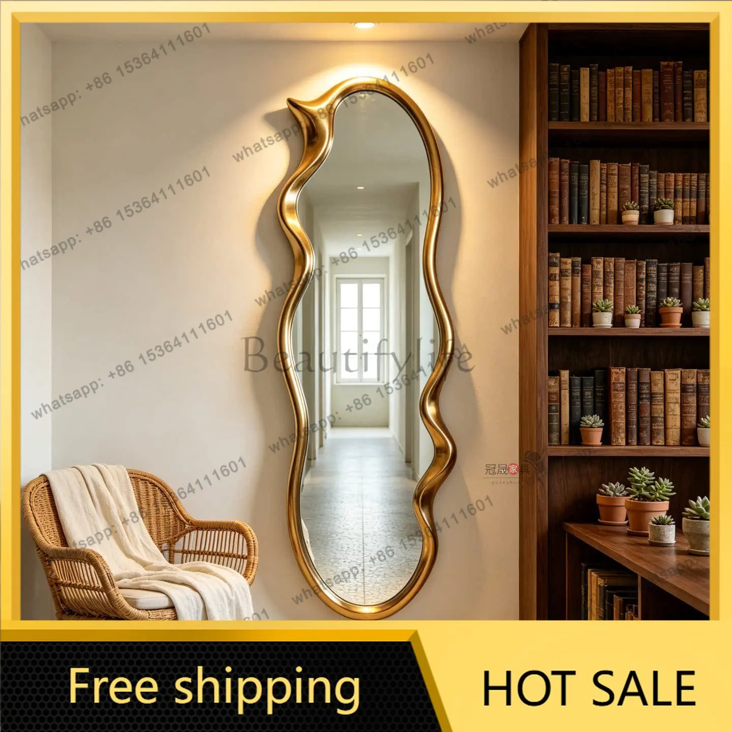 French irregular simple full-body mirror, living room wall-mounted European special-shaped light luxury bedroom fitting mirror