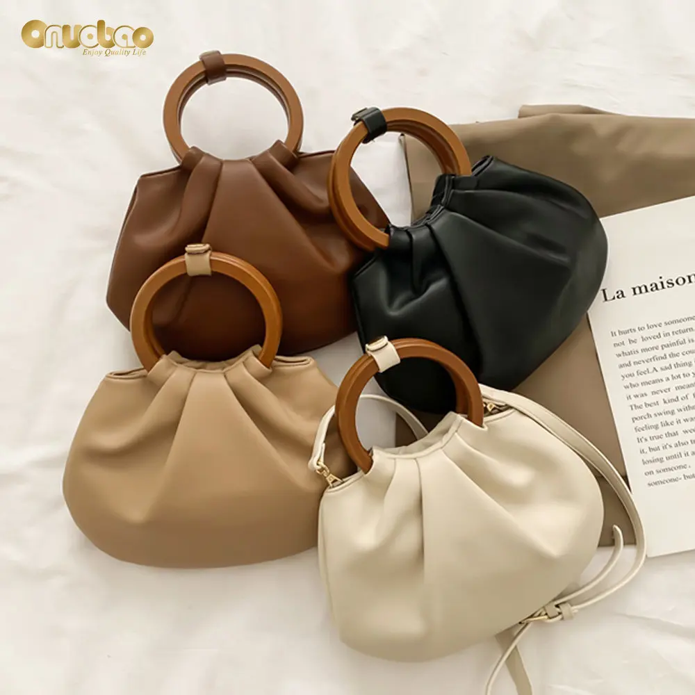 Cloud Bag Bag for Women Fashion Pleated Small Bag Wooden Handle Simple Tote Bags for Ladies