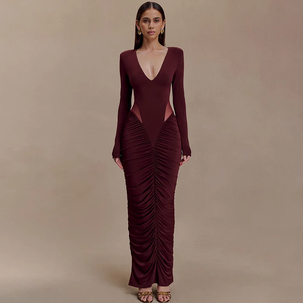 Solid Color Deep V Waist Revealing Pleated Hip Hugging Dress Birthday Graduation Ceremony Party Sexy Elegant Dinner Dress Autumn
