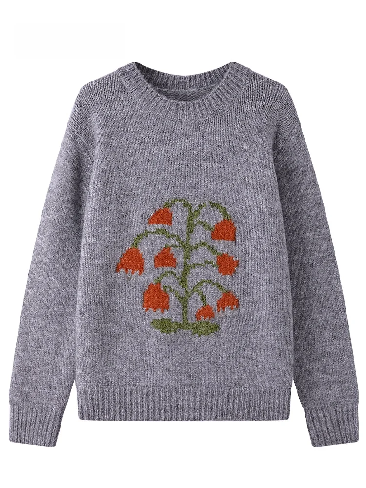 

JZZDEMM Dongdaemun Floral Embroidery Knitted Sweater Women's Overhead irt Floral Patterned Slim Fit Long Sve Knitwear