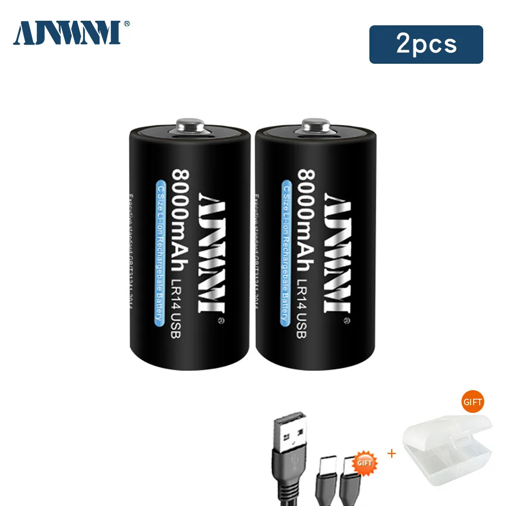 AJNWNM 1.5v C Size Rechargeable Battery 8000mAh Li-Ion Type C R14 Batteri For Gas Cooker Car Toy Flashlight Radio+ Smart Charger